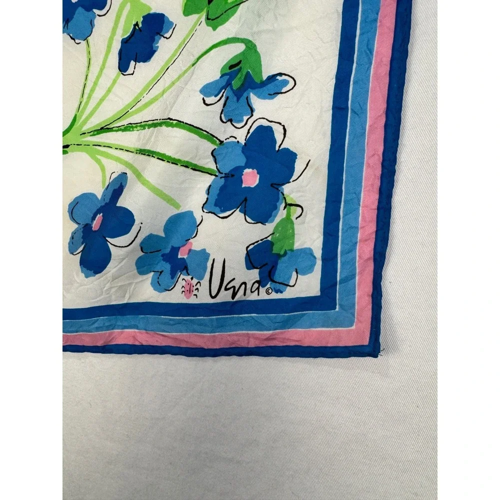 Vera Neumann Vintage Floral Square Scarf White Blue Pink Acetate Ladybug Logo 22